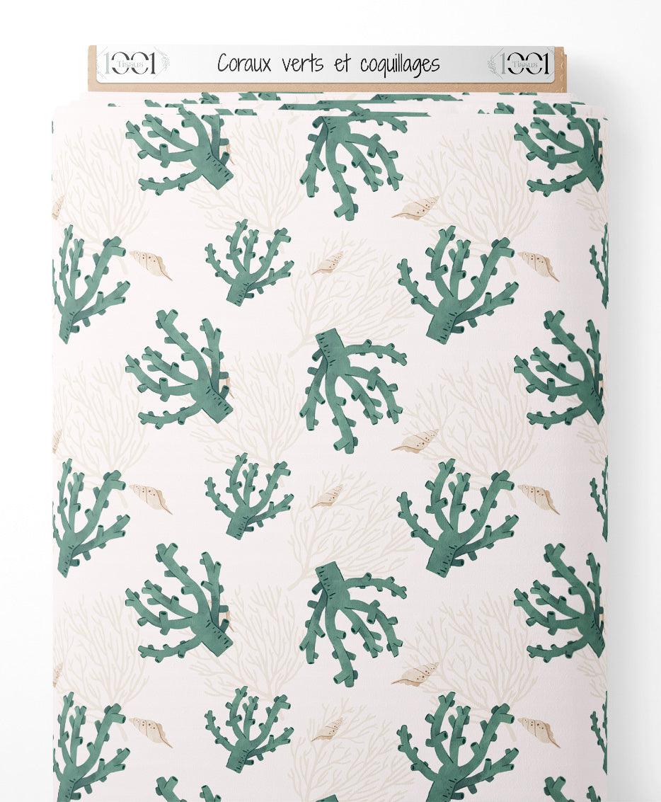 Tissu - Coraux verts et coquillages