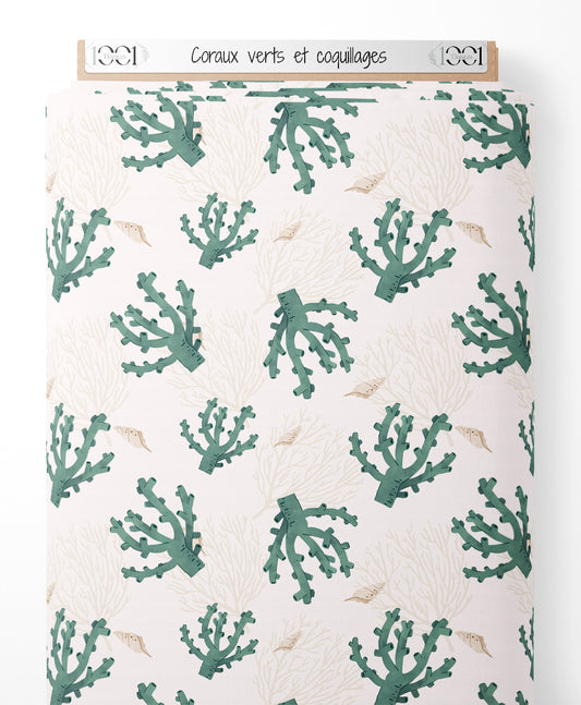 Tissu - Coraux verts et coquillages