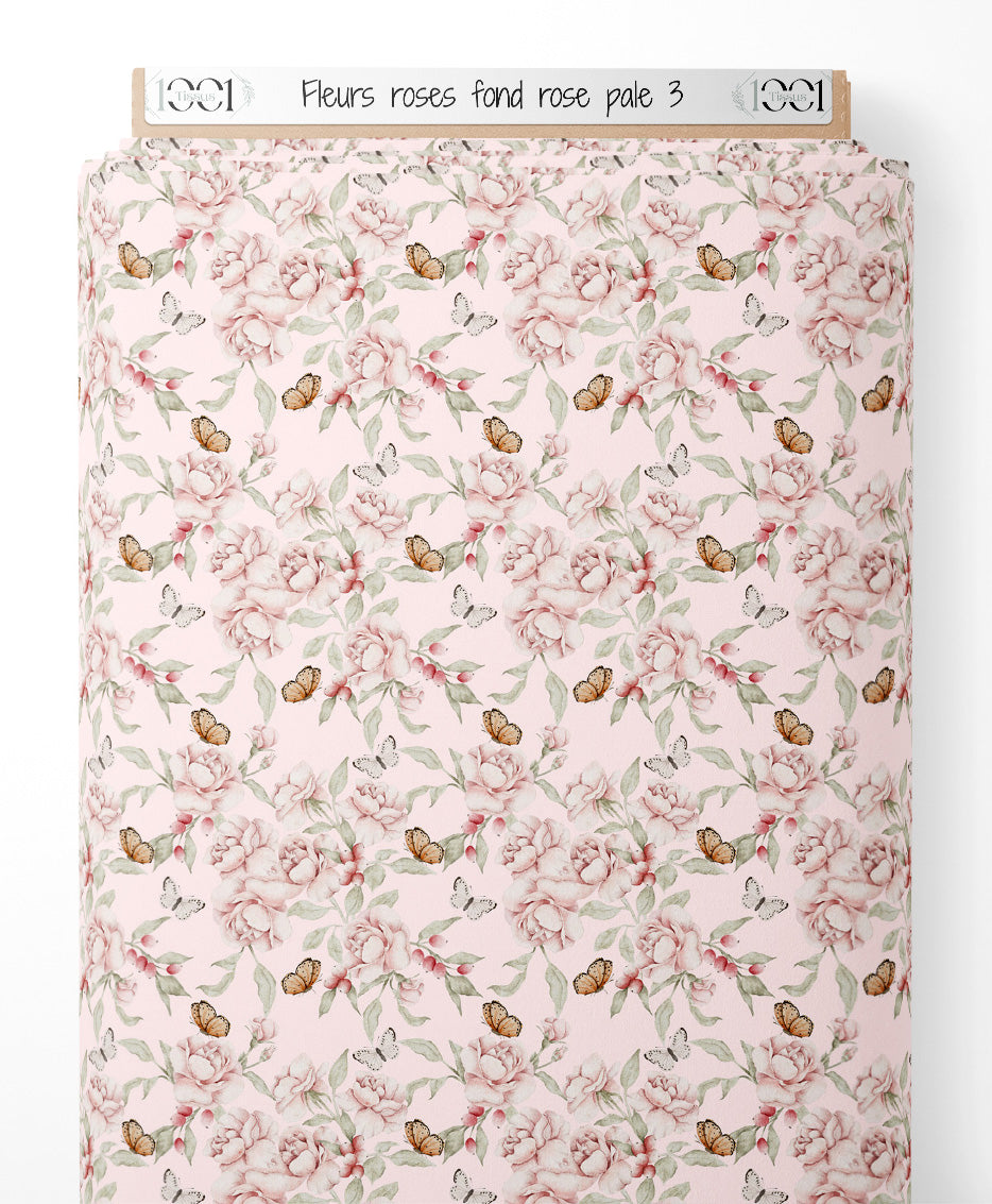 Tissu - Fleurs roses sur fond rose pâle 3