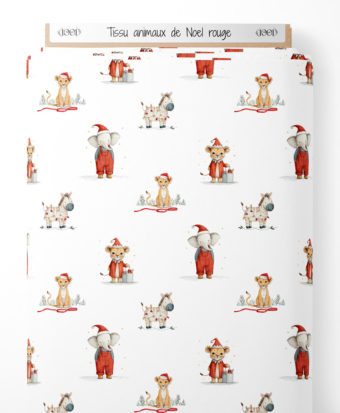 Tissu - animaux de Noel rouge