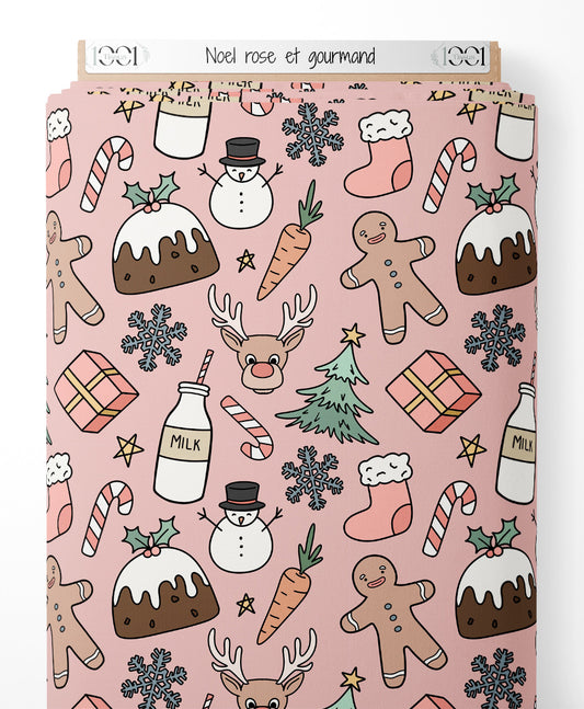 Tissu - Noël rose et gourmand