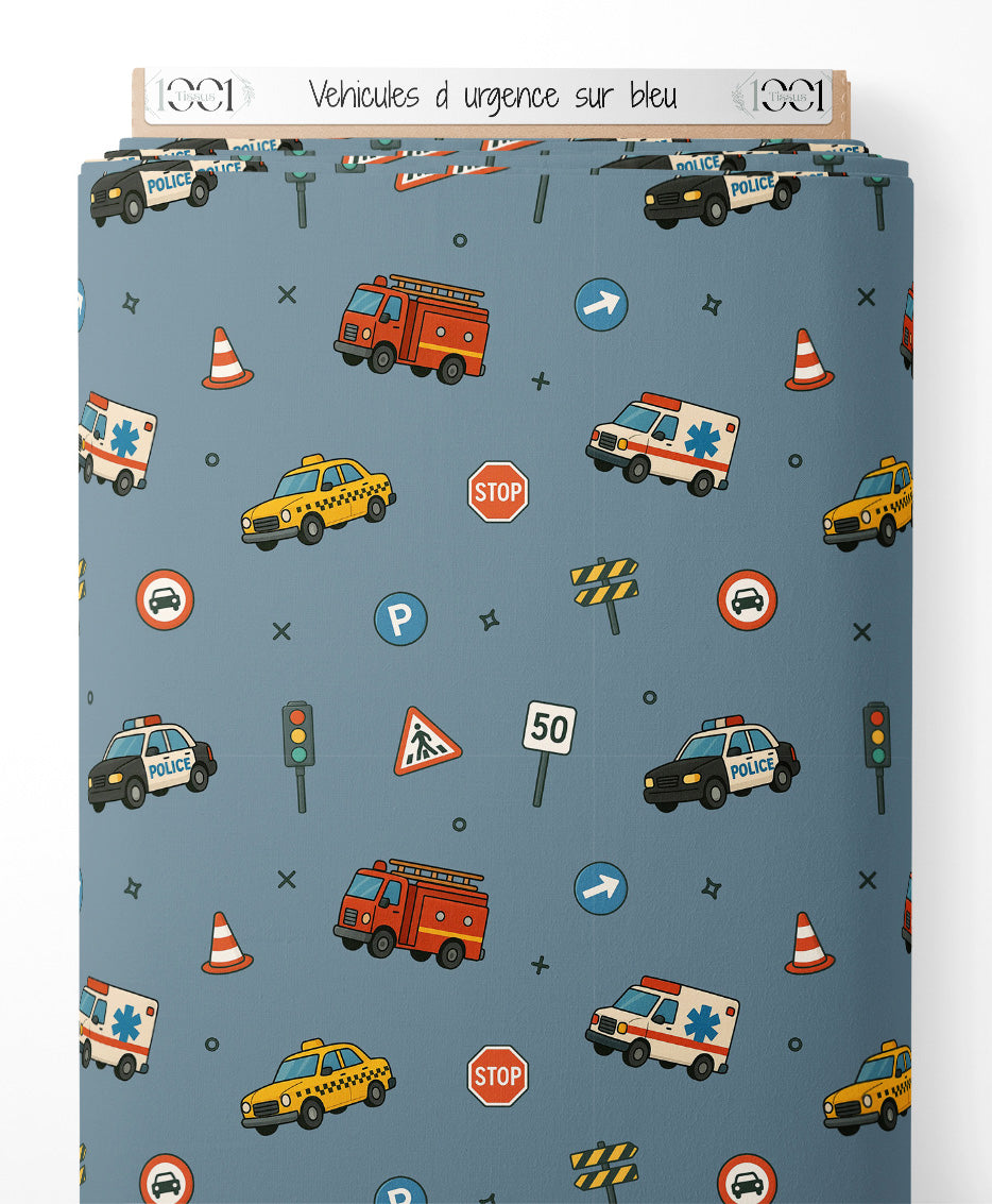 Tissu - Véhicules d'urgence sur bleu