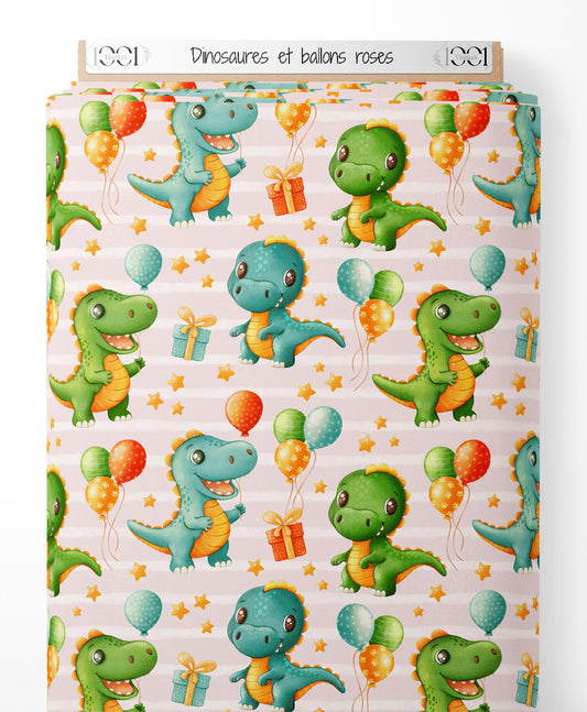 Tissu - Dinosaures et ballons roses