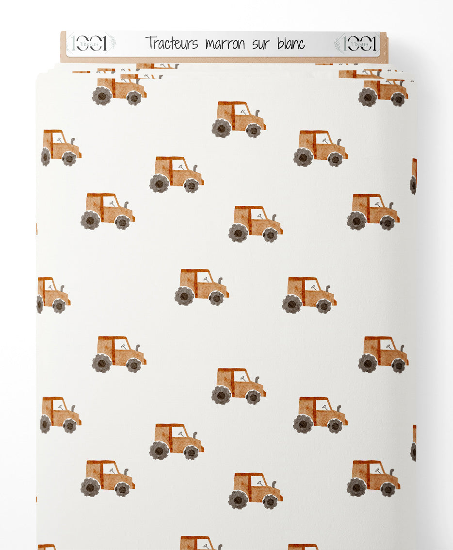 Tissu - Tracteurs marron sur blanc