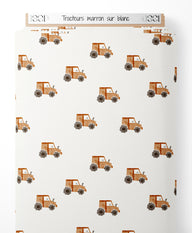 Tissu - Tracteurs marron sur blanc