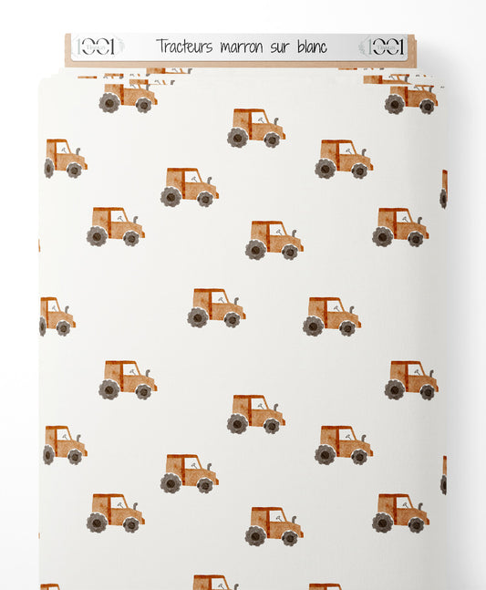 Tissu - Tracteurs marron sur blanc