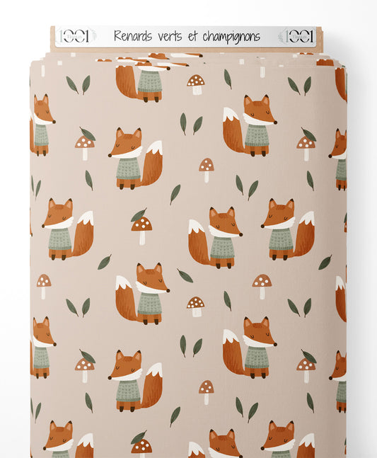 Tissu - Renards verts et champignons