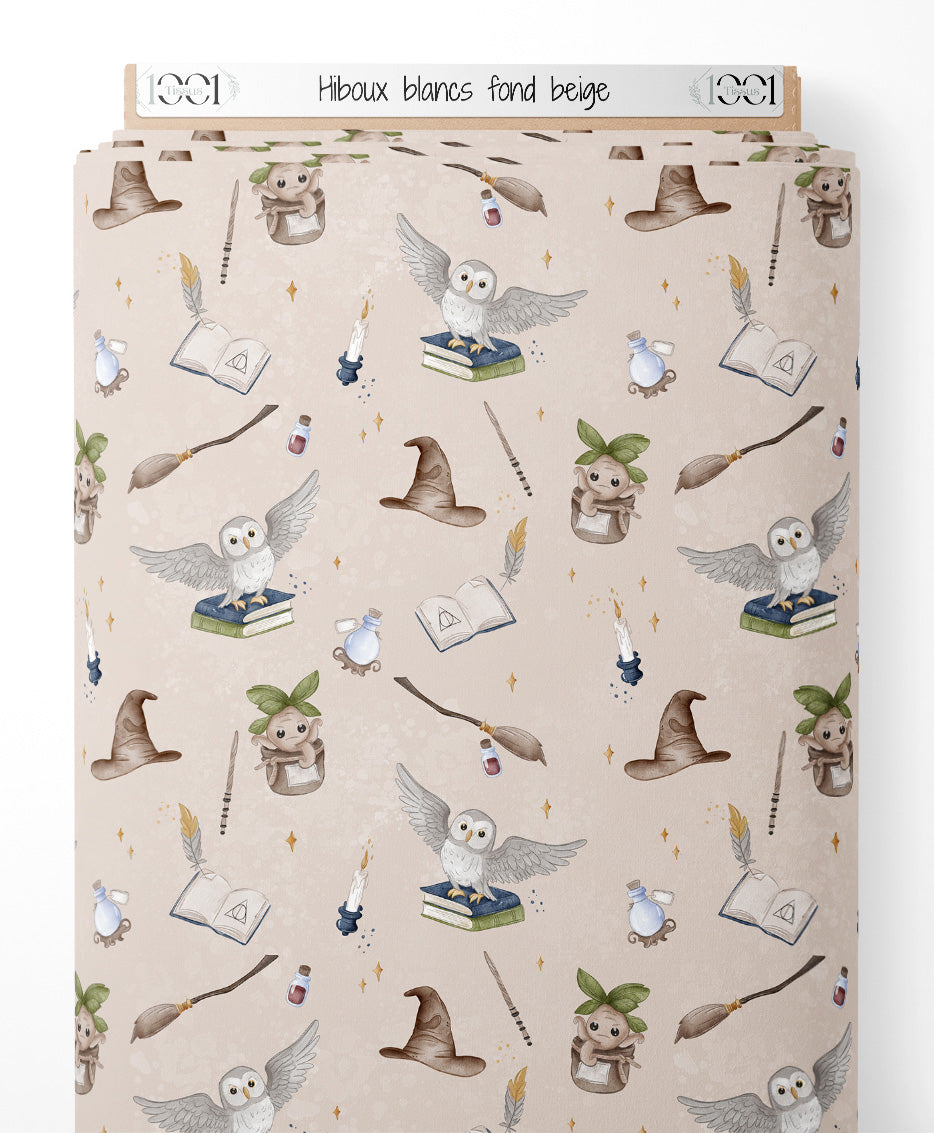 Tissu - Hiboux blancs sur fond beige