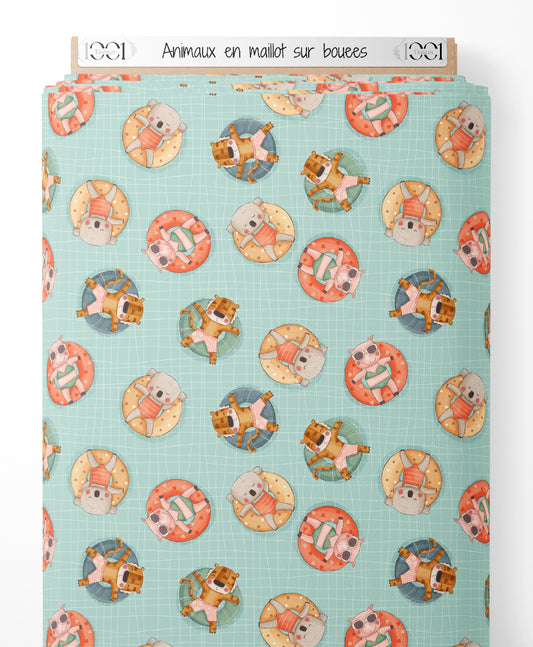 Tissu - Animaux en maillot sur bouées