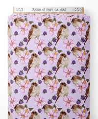 Tissu - Oiseaux et fleurs sur violet