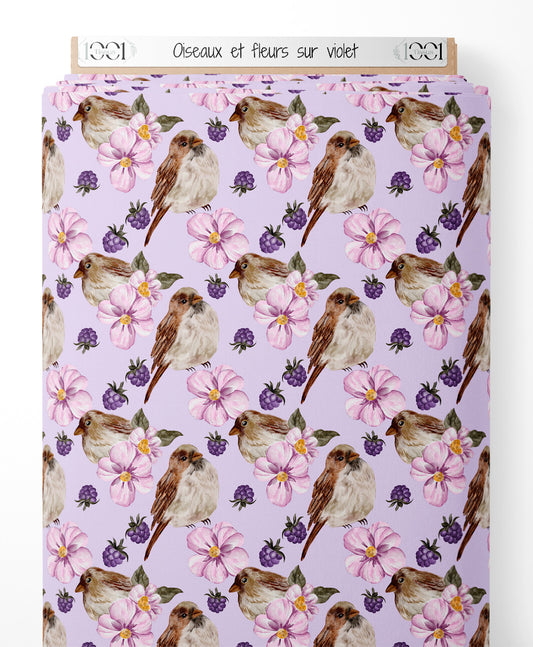 Tissu - Oiseaux et fleurs sur violet