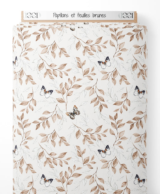 Tissu - Papillons et feuilles brunes