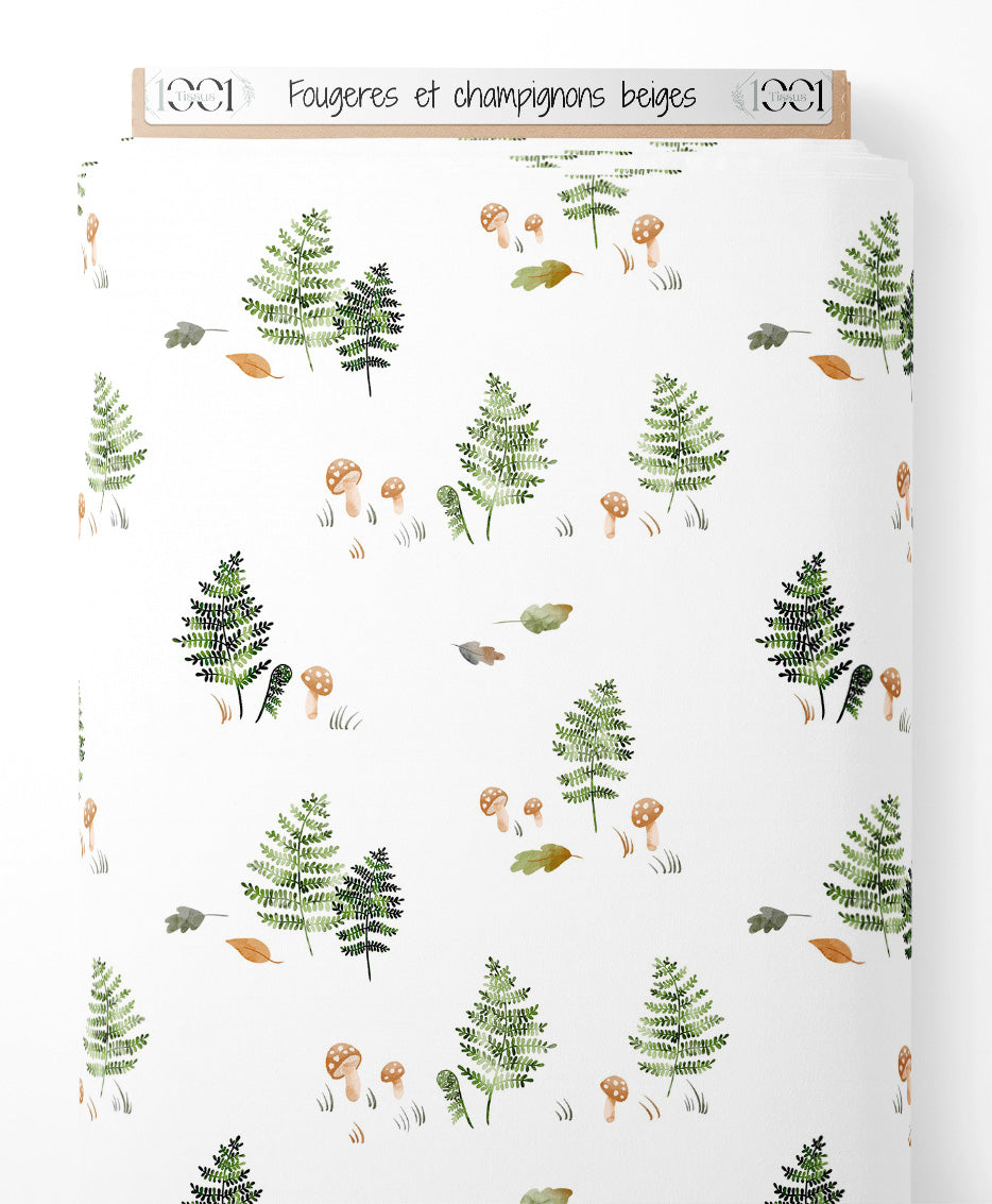 Tissu - Fougères et champignons beiges