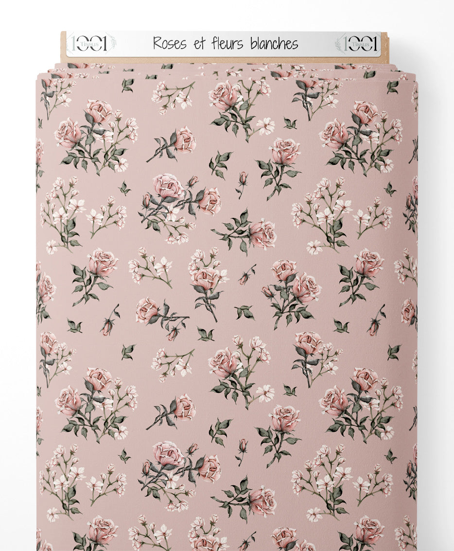 Tissu - Roses et fleurs blanches
