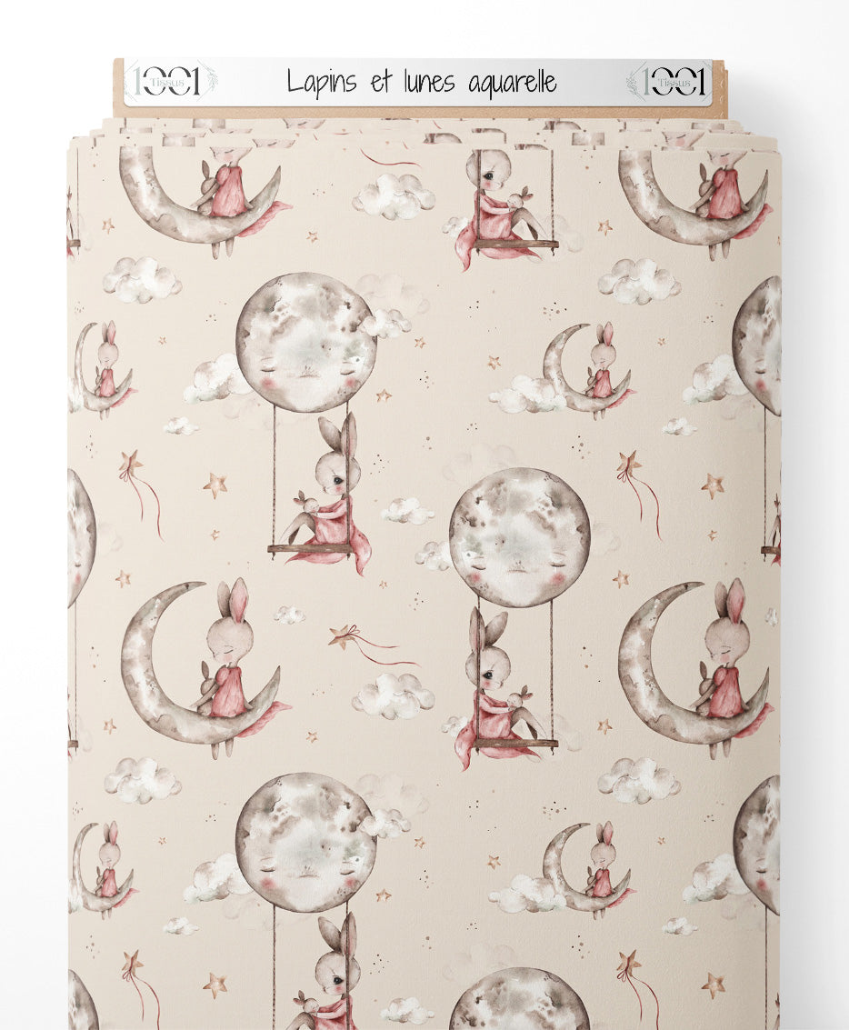 Tissu - Lapins et lunes aquarelle