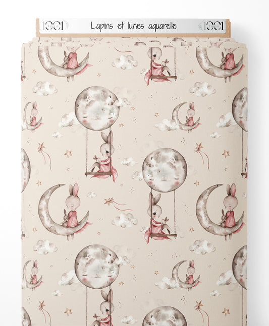 Tissu - Lapins et lunes aquarelle