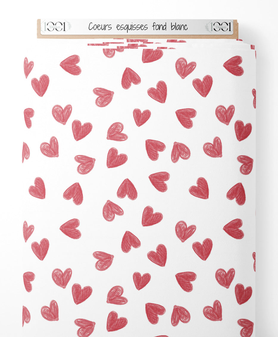Tissu - Cœurs esquissés sur fond blanc