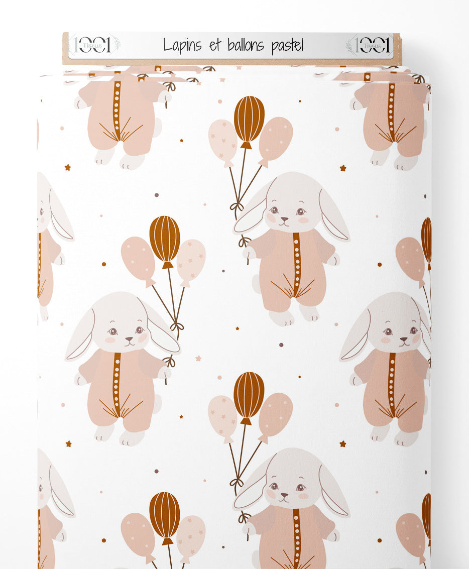 Tissu - Lapins et ballons pastel