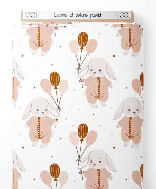 Tissu - Lapins et ballons pastel