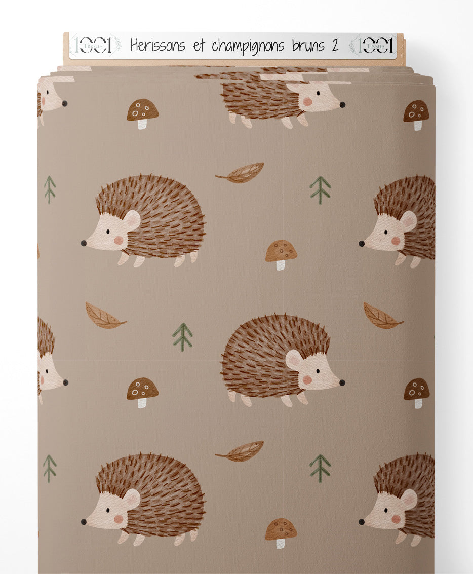 Tissu - Hérissons et champignons bruns 2