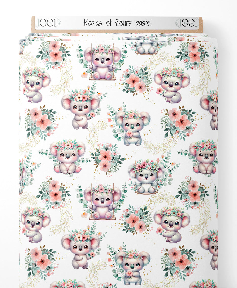 Tissu - Koalas et fleurs pastel