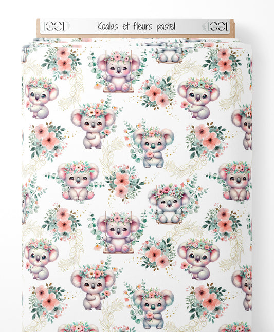 Tissu - Koalas et fleurs pastel
