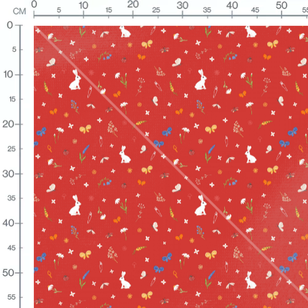 Tissu - Lapins et fleurs rouges
