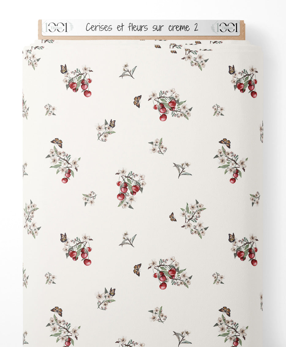 Tissu - Cerises et fleurs sur crème 2