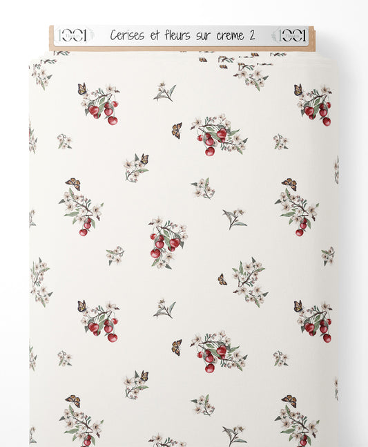 Tissu - Cerises et fleurs sur crème 2