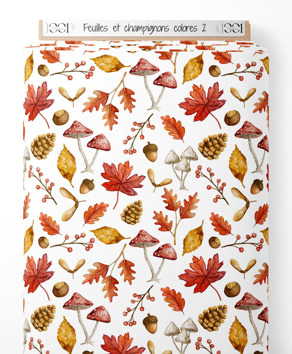 Tissu - Feuilles et champignons colorés 2