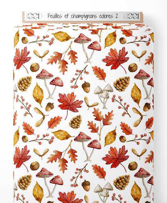 Tissu - Feuilles et champignons colorés 2