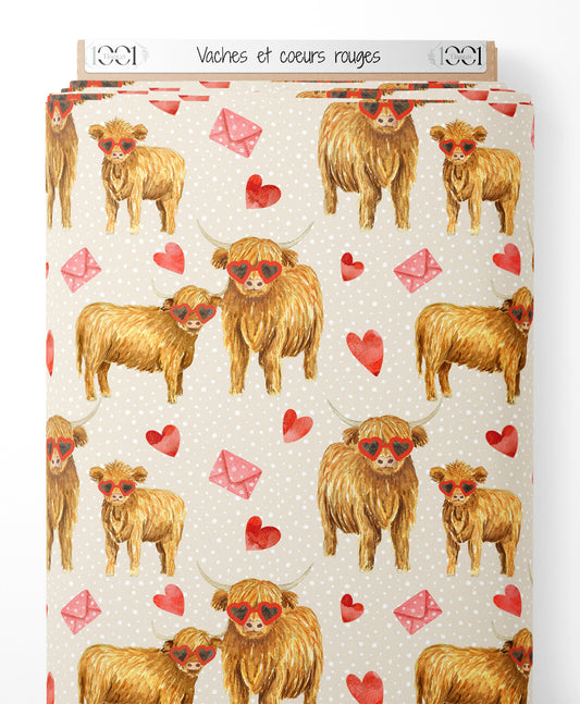 Tissu - Vaches et cœurs rouges