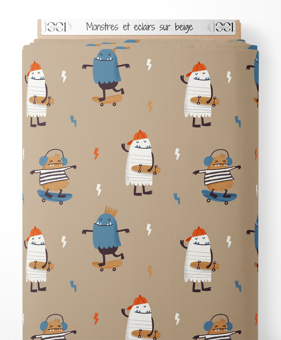 Tissu - Monstres et éclairs sur beige