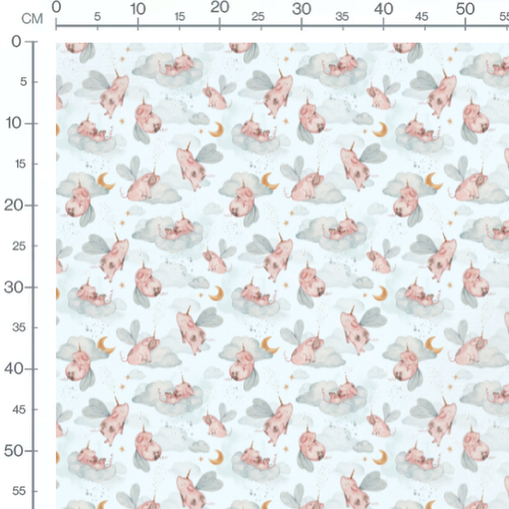 Tissu - Cochons ailés sur nuages