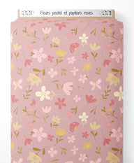 Tissu - Fleurs pastel et papillons roses