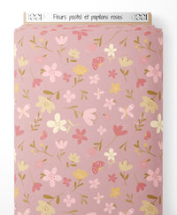 Tissu - Fleurs pastel et papillons roses