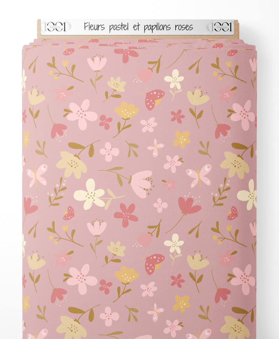 Tissu - Fleurs pastel et papillons roses