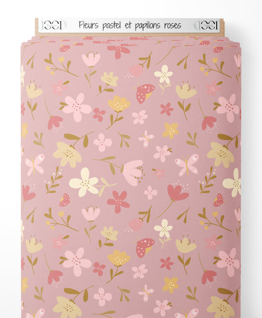 Tissu - Fleurs pastel et papillons roses