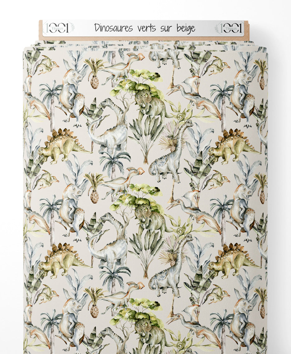 Tissu - Dinosaures verts sur beige