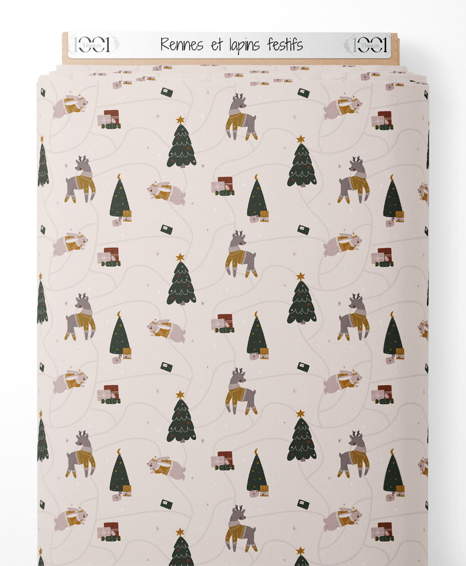 Tissu - Rennes et lapins festifs