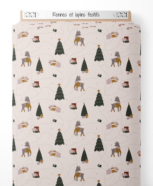 Tissu - Rennes et lapins festifs