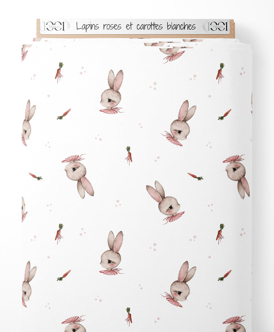Tissu - Lapins roses et carottes blanches
