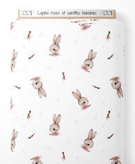 Tissu - Lapins roses et carottes blanches