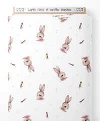 Tissu - Lapins roses et carottes blanches