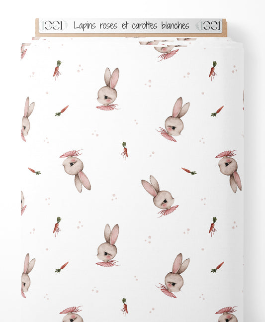 Tissu - Lapins roses et carottes blanches