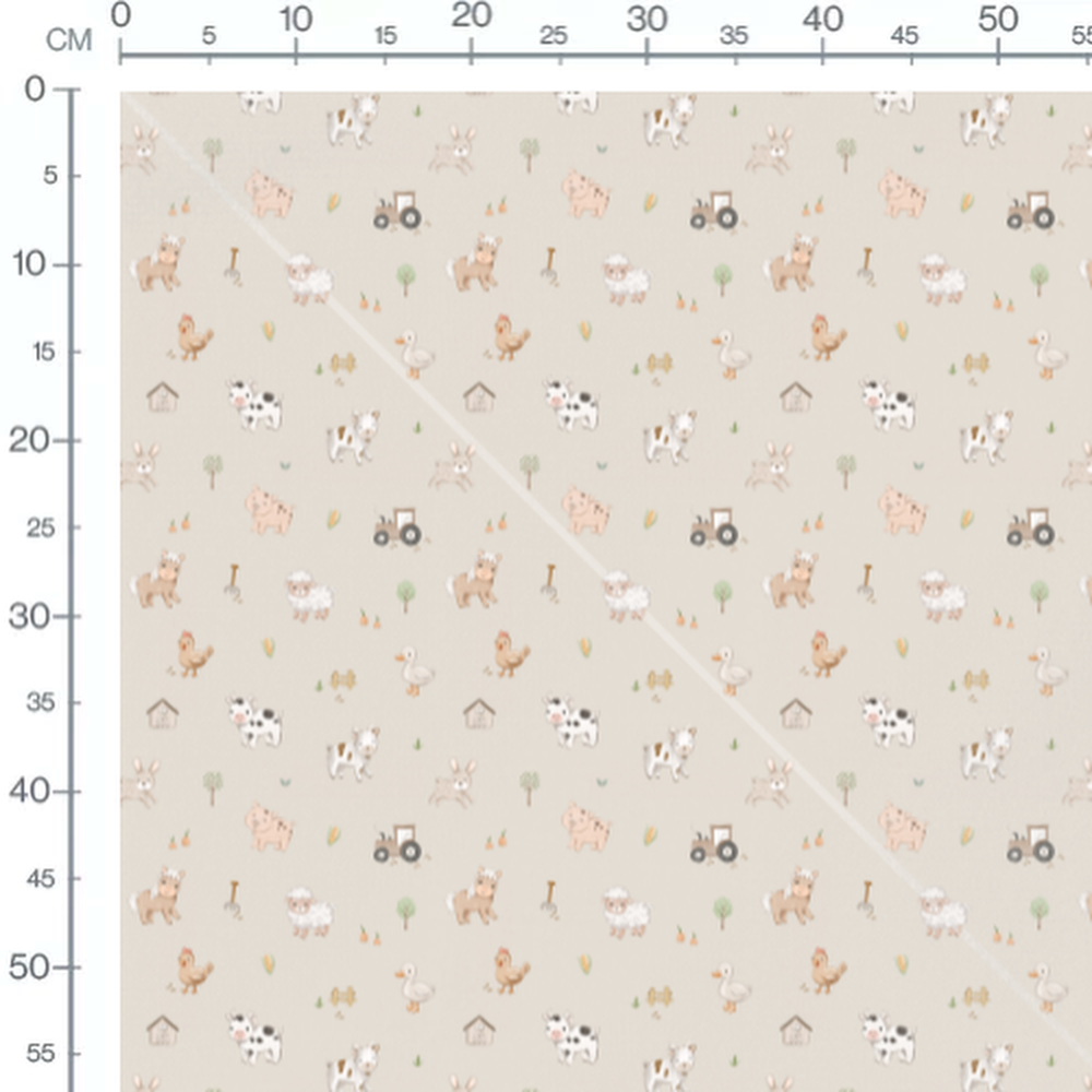 Tissu - Animaux et tracteur beige