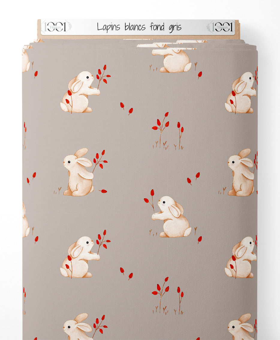 Tissu - Lapins blancs sur fond gris