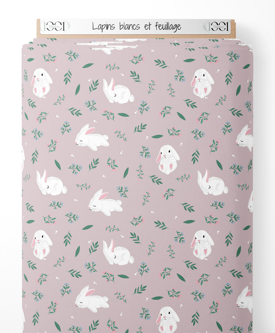 Tissu - Lapins blancs et feuillage