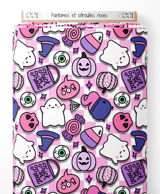 Tissu - Fantômes et citrouilles roses