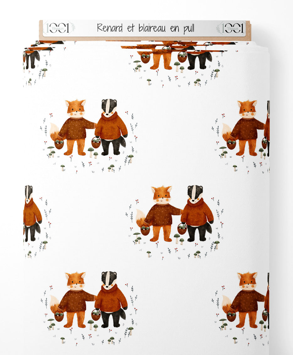 Tissu - Renard et blaireau en pull